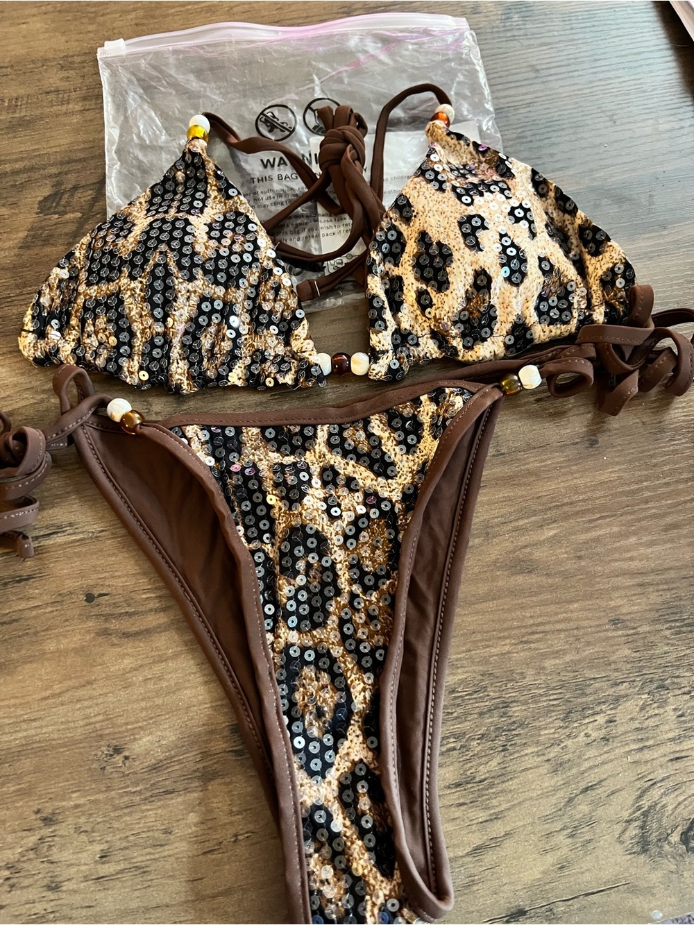 Sexy Brown Leopard Print Bead Accents Tie Side Bikini Set - Picture 2 of 11